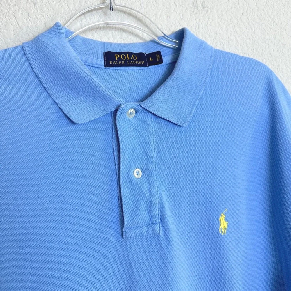Polo Ralph Lauren Mens Large Light Blue Short Sleeve Pique Polo Yellow Pony